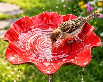 Red Flower Bird Bath for Garden, Metal Stake Bird Feeder Water Bowl, Outdoor Yard Lawn Decor, Bird Lover Gift