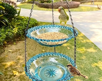 2-in-1 Hanging Glass Bird Feeder & Bird Bath, Double Tier Decorative Tray for Wild Birds, Outdoor Garden Yard Decor, Bird Watching Gift