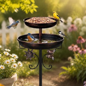 Könnte beinhalten: Eine zweistöckige Vogeltränke und Futterstation aus Metall mit dunkelbronzefarbenem Finish. Die obere Schale enthält Vogelfutter, die untere Wasser. Der Ständer ist mit dekorativen Metallakzenten in Form einer Sonnenblume und eines Schmetterlings verziert.
