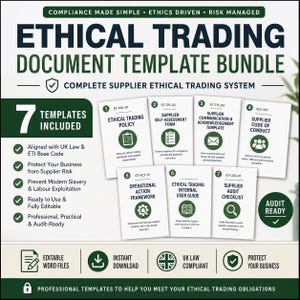 Pacchetto di modelli per il commercio etico (7 documenti) / Pacchetto di conformità dei fornitori / Politica contro la schiavitù moderna / Modelli aziendali per il Regno Unito / Download immediato
