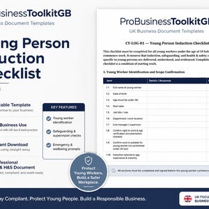 Può includere: Un modello di documento per la lista di controllo di inserimento dei giovani lavoratori di ProBusinessToolkitGB. Il documento include sezioni per l'identificazione, la tutela e la supervisione, con una tabella per i punti da 1.1 a 1.10.