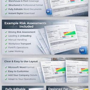 May include: A digital product advertisement showcasing risk assessment templates for transport and logistics. The image highlights key features like Microsoft Word format, easy customization, and instant download. Includes examples for driving, loading, and forklift operations.