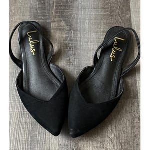 Könnte beinhalten: Ein Paar schwarze Ballerinas mit spitzer Zehenpartie und Slingback-Riemen. Auf der Innensohle ist das Wort "Lulus" in Gold aufgedruckt. Die Schuhe sind aus einem Wildleder-ähnlichen Material gefertigt und auf einer Holzoberfläche ausgestellt.
