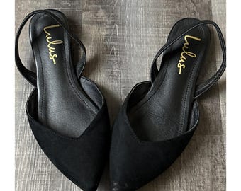 Lulus Black Suede Pointed Toe Slingback Flats Womens Shoes Vegan Suede Flat Sole