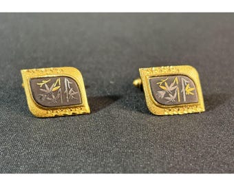 Vintage Amita Japan Damascene Bamboo Leaf Gold Cufflinks Kyoto