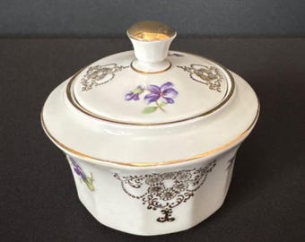 Azucarero de porcelana Winterling Bavaria con tapa, diseño floral de té y detalles dorados, fabricado en Alemania.