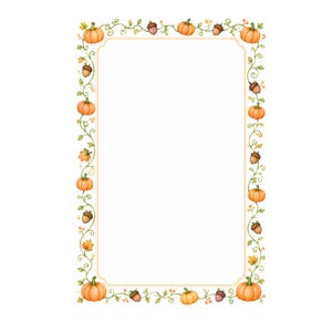 May include: A rectangular border featuring a repeating pattern of orange pumpkins, brown acorns, and green vines with small yellow leaves. The design is set against a plain white background, creating a clear frame for centred content.