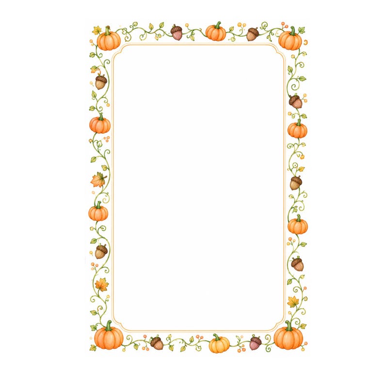 May include: A rectangular border featuring a repeating pattern of orange pumpkins, brown acorns, and green vines with small yellow leaves. The design is set against a plain white background, creating a clear frame for centred content.