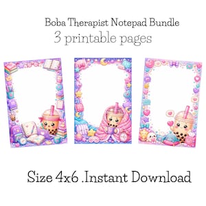 May include: Boba Therapist Notepad Bundle 3 printable pages. Three rectangular notepad sheets featuring pastel-colored borders with boba tea illustrations, books, stationery, stars, hearts, and clouds. Text reads: Boba Therapist Notepad Bundle 3 printable pages. Size 4x6 .Instant Download.