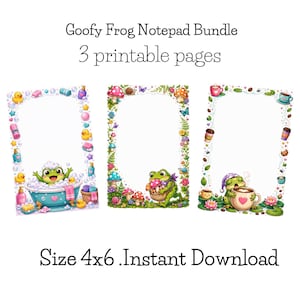 Puede incluir: Paquete de blocs de notas Goofy Frog 3 páginas imprimibles. Tres diseños de blocs de notas rectangulares con ranas de dibujos animados en una bañera, un bosque con setas y bebiendo café. El texto dice Goofy Frog Notepad Bundle 3 printable pages Size 4x6 Instant Download.