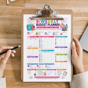 May include: A biweekly budget planner sheet on a clipboard with a black pen. The document features colorful sections for income, expense breakdown, cash envelope tracking, debt payment, and financial goals with icons of a piggy bank and calculator.