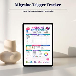 May include: A digital tablet displays a colorful "Migraine Trigger Tracker" chart. The chart includes sections for common triggers, daily migraine logs, and a weekly tracker. A decorative beige vase sits to the left of the tablet.