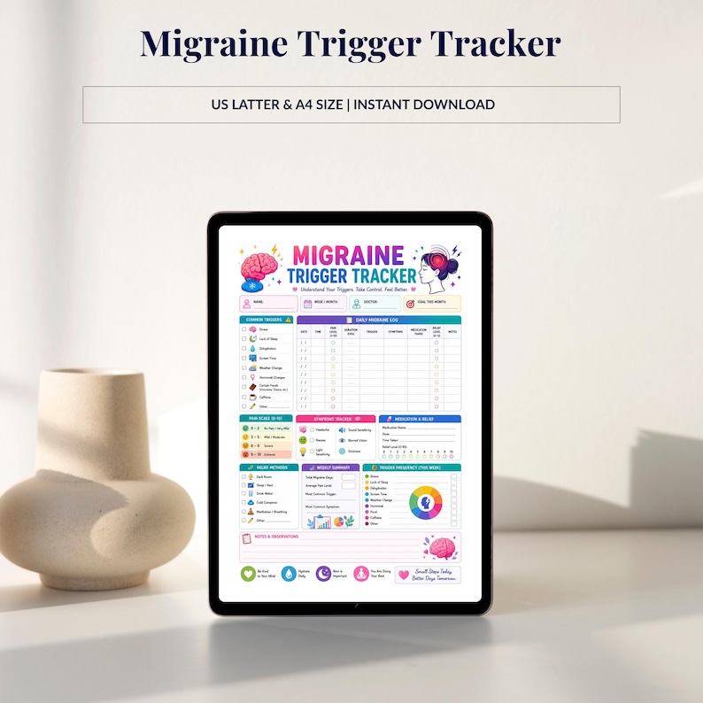 May include: A digital tablet displays a colorful "Migraine Trigger Tracker" chart. The chart includes sections for common triggers, daily migraine logs, and a weekly tracker. A decorative beige vase sits to the left of the tablet.