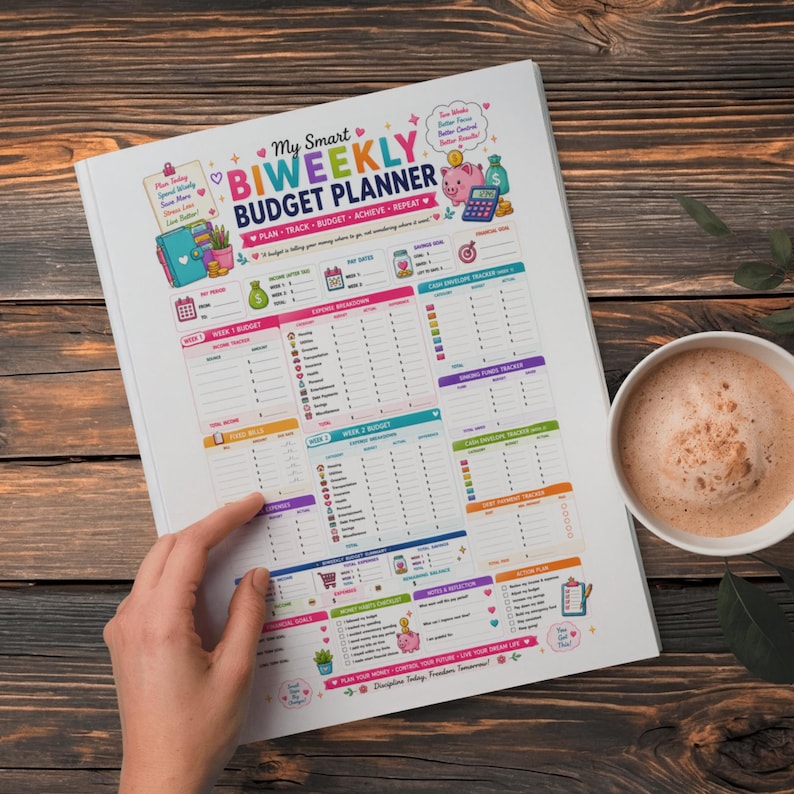 May include: A white paper biweekly budget planner with colorful text and graphics. The cover features the title My Smart BIWEEKLY BUDGET PLANNER, sections for income, expenses, savings goals, and a cash envelope tracker, plus a small piggy bank icon.