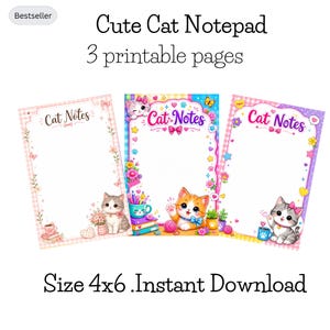 Peut inclure: Trois pages de bloc-notes imprimables avec le texte Cat Notes. La page de gauche a une bordure vichy rose et un chat gris. La page centrale présente une bordure colorée avec un chat orange qui fait signe. La page de droite a une bordure violette.