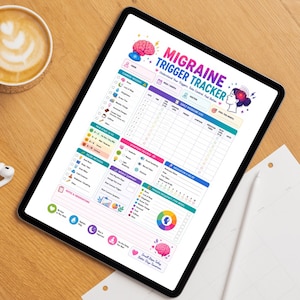 May include: A digital migraine trigger tracker on a tablet. The colorful planner includes sections for common triggers, pain scale, symptoms, medication, and a weekly summary. The text reads "Migraine Trigger Tracker".