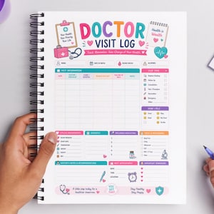 Peut inclure: Un carnet de suivi des visites médicales à spirales avec du texte et des graphiques colorés. La couverture indique "DOCTOR VISIT LOG" et comprend des sections pour les informations de visite, les mesures vitales et les notes. Le carnet est tenu par une personne.