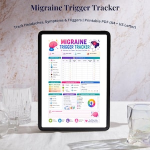 May include: A digital tablet displays a colorful "Migraine Trigger Tracker" printable PDF. The tracker includes sections for tracking headaches, symptoms, and triggers. The text "Track Headaches, Symptoms & Triggers | Printable PDF (A4 + US Letter)" is visible.