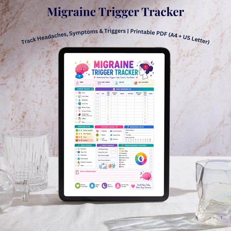 May include: A digital tablet displays a colorful "Migraine Trigger Tracker" printable PDF. The tracker includes sections for tracking headaches, symptoms, and triggers. The text "Track Headaches, Symptoms & Triggers | Printable PDF (A4 + US Letter)" is visible.