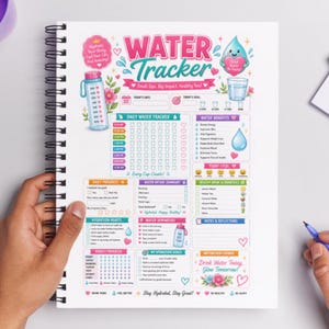 May include: A spiral-bound water tracker notebook with a colorful design. The cover features the words "Water Tracker" and illustrations of a water bottle, a water droplet, and a glass of water. The interior pages include sections for daily and weekly progress, hydration habits, and water intake summary.