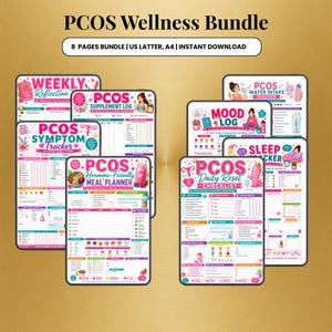 May include: A bundle of printable PCOS wellness trackers. The bundle includes a weekly reflection, symptom tracker, supplement log, meal planner, mood log, daily reset checklist, water intake tracker, and sleep tracker. The bundle is US Letter and A4 size.