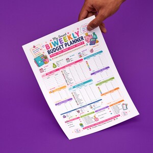 May include: A white paper sheet featuring a My Smart BIWEEKLY BUDGET PLANNER with colorful text, icons of a pink piggy bank, calculator, and money bags. The layout includes sections for weekly budgets, expense tracking, savings goals, and financial checklists.