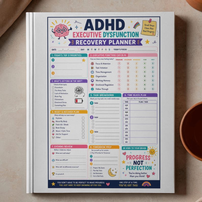 May include: A white ADHD Executive Dysfunction Recovery Planner with colorful sections for daily planning. The planner includes sections for priorities, executive function check-in, task breakdown, and evening review. The cover features the text "ADHD Executive Dysfunction Recovery Planner".