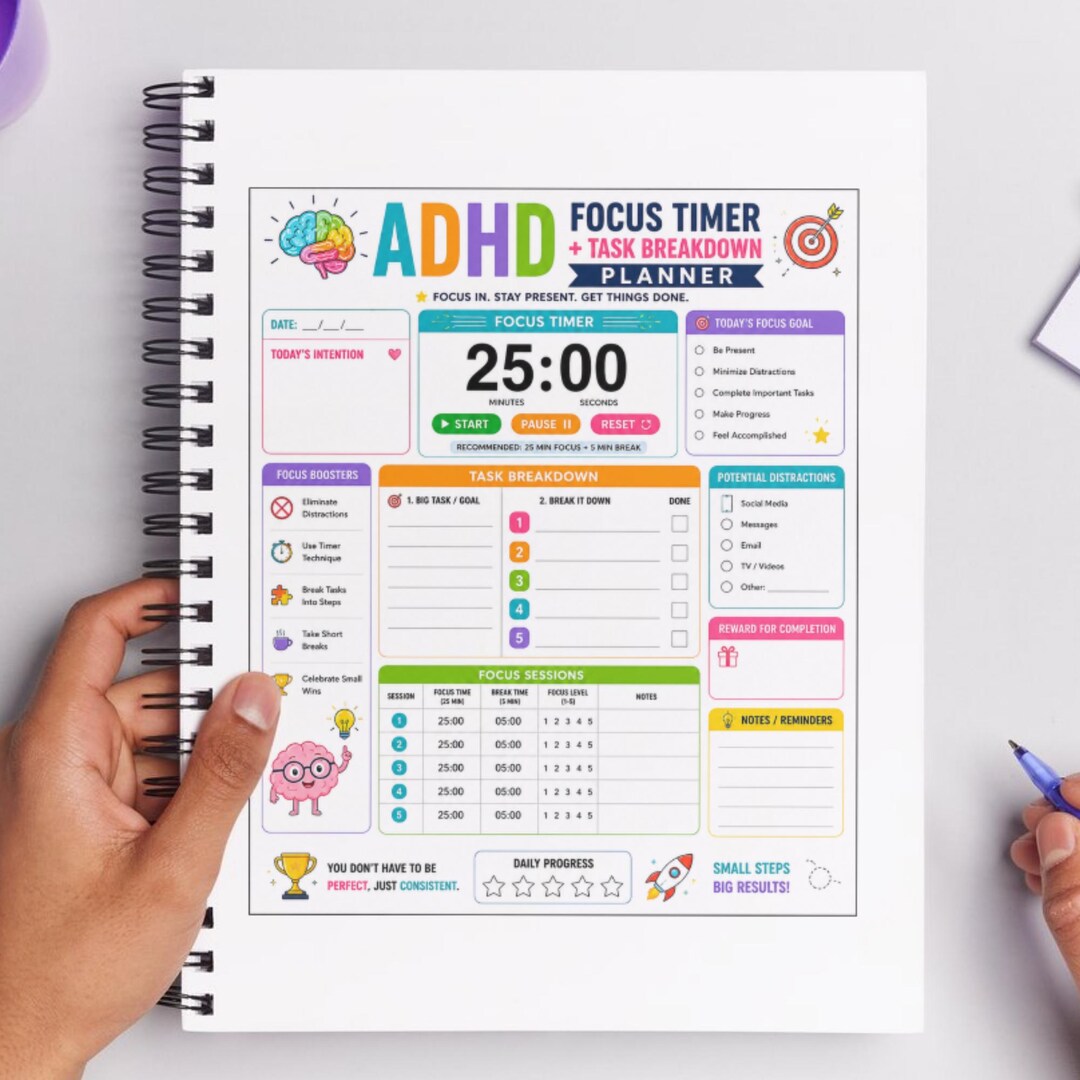 ADHD Focus Timer & Task Breakdown Printable | ADHD Productivity Planner ...