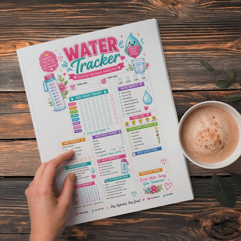 May include: A white water tracker journal with colorful illustrations and the text "Water Tracker." The journal includes sections for daily tracking, water intake, and motivation. A cup of coffee sits nearby.