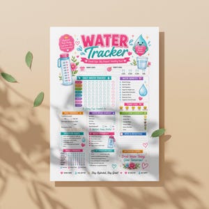 May include: A colorful water tracker poster with the words "WATER TRACKER" in large, playful lettering. The poster includes sections for daily tracking, water intake, and hydration goals, with illustrations of water bottles and droplets. The text "Drink Water Today, Glow Tomorrow" is also visible.