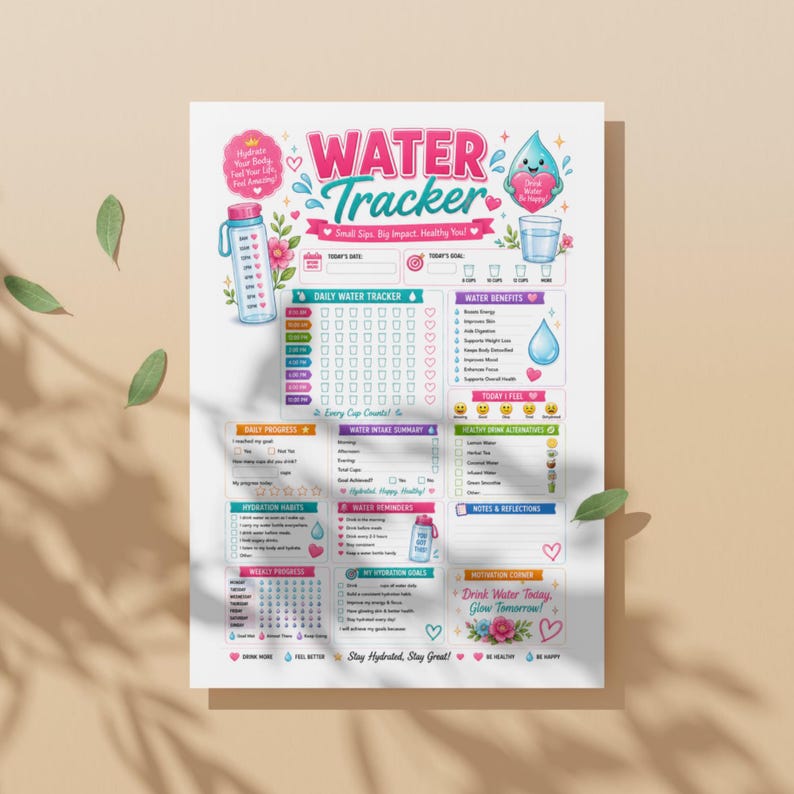 May include: A colorful water tracker poster with the words "WATER TRACKER" in large, playful lettering. The poster includes sections for daily tracking, water intake, and hydration goals, with illustrations of water bottles and droplets. The text "Drink Water Today, Glow Tomorrow" is also visible.