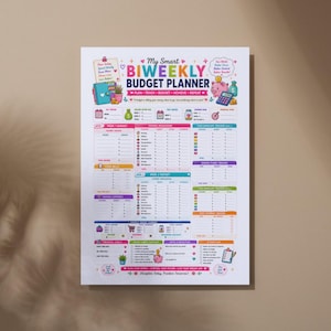 May include: A white biweekly budget planner sheet featuring colorful sections for income, expenses, cash envelopes, and savings goals. The text reads My Smart BIWEEKLY BUDGET PLANNER, with icons of a piggy bank, calculator, and various financial trackers.