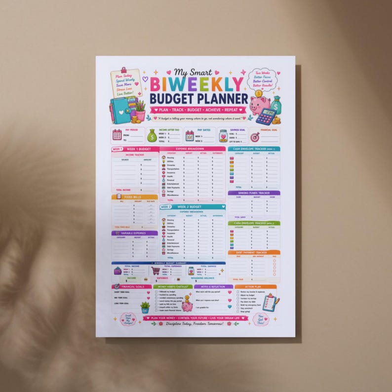 May include: A white biweekly budget planner sheet featuring colorful sections for income, expenses, cash envelopes, and savings goals. The text reads My Smart BIWEEKLY BUDGET PLANNER, with icons of a piggy bank, calculator, and various financial trackers.