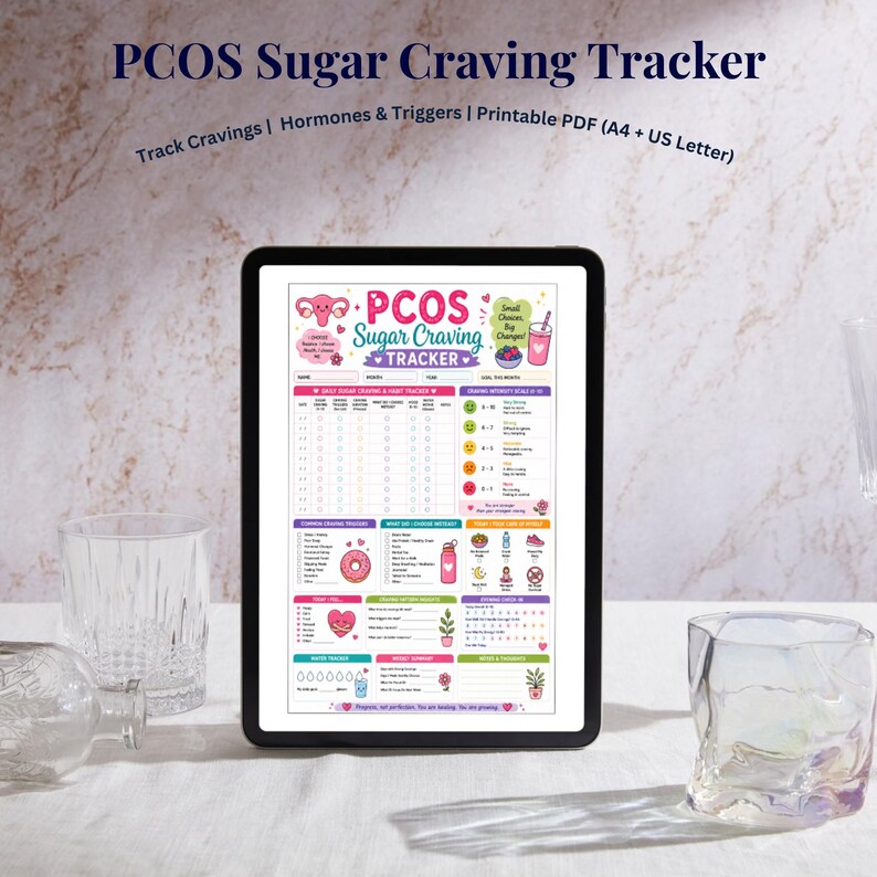 Pu&ograve; includere: Un tablet digitale mostra un colorato PCOS Sugar Craving Tracker. Il tracker include sezioni per le voglie quotidiane, gli ormoni, i trigger e un grafico dei progressi. Il testo in alto recita "PCOS Sugar Craving Tracker". L'immagine &egrave; su una superficie bianca.