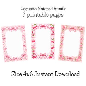 Può includere: Un pacchetto di 3 pagine stampabili Coquette Notepad, formato 4x6 pollici, download istantaneo. I tre design rettangolari dei blocchi note presentano bordi rosa decorati con illustrazioni di fiocchi rosa, ciliegie rosse e rose su sfondo bianco.