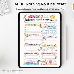 Plantilla imprimible para restablecer la rutina matutina del TDAH / Planificador matutino para el TDAH / Lista de verificación de funciones ejecutivas / PDF de rutina diaria para restablecer la rutina