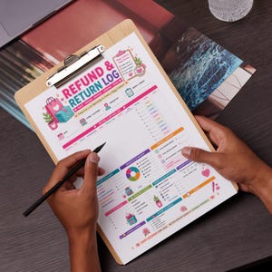May include: A wooden clipboard holding a printed Refund & Return Log sheet with colorful graphics, including shopping bags, a pie chart, and icons. The document features sections for tracking returns, customer details, and business metrics with pink and blue accents.