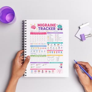 Op de afbeelding: Een spiraalgebonden migraine tracker journal met een kleurrijke lay-out. De cover toont de tekst "Migraine Tracker" met illustraties van een hersen, ijspakking en zonnebril. Het journal bevat secties voor het volgen van symptomen, triggers en stemming.