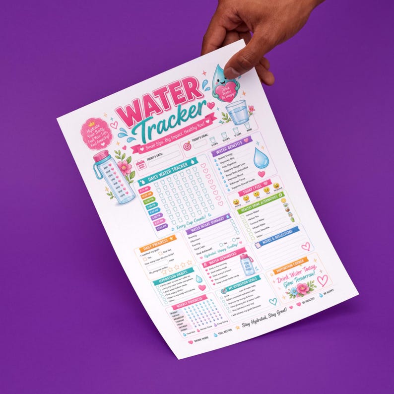 May include: A white paper water tracker with the words "WATER Tracker" in pink and teal. The tracker includes sections for daily water intake, water benefits, and hydration goals. A hand holds the paper against a purple background.