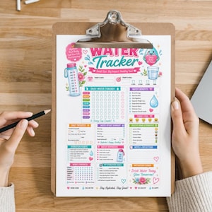 May include: A clipboard with a colorful water tracker sheet. The sheet features sections for daily and weekly progress, hydration habits, water intake, and reminders. The text "Water Tracker" is at the top, with illustrations of a water bottle and a glass of water.