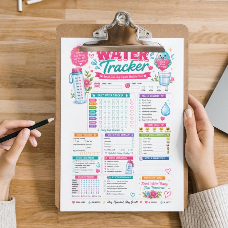 May include: A clipboard with a colorful water tracker sheet. The sheet features sections for daily and weekly progress, hydration habits, water intake, and reminders. The text "Water Tracker" is at the top, with illustrations of a water bottle and a glass of water.