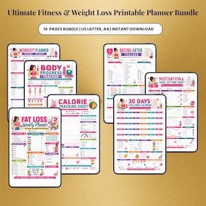 May include: A collection of printable fitness and weight loss planners. The bundle includes a workout planner, body progress tracker, before/after tracker, fat loss weekly planner, calorie tracking sheet, 30-day challenge calendar, and a motivation and goal-setting sheet. The text reads "Ultimate Fitness & Weight Loss Printable Planner Bundle."