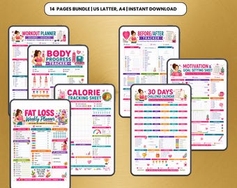 Weight Loss Planner Bundle Printable | Fat Loss, Workout & Calorie Tracker | Fitness And Wellness Challenge Pack