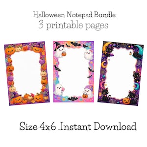 Puede incluir: Un paquete de blocs de notas de Halloween con 3 páginas imprimibles en tamaño 4x6. La primera página tiene calabazas y hojas de otoño, la segunda fantasmas y murciélagos, y la tercera gatos negros y lunas crecientes. Texto: Halloween Notepad Bundle.