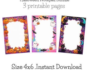 Peut inclure: Un lot de blocs-notes d'Halloween comprenant 3 pages imprimables au format 4x6. La première page présente des citrouilles et des feuilles d'automne, la deuxième des fantômes et des chauves-souris, et la troisième des chats noirs et des lunes.