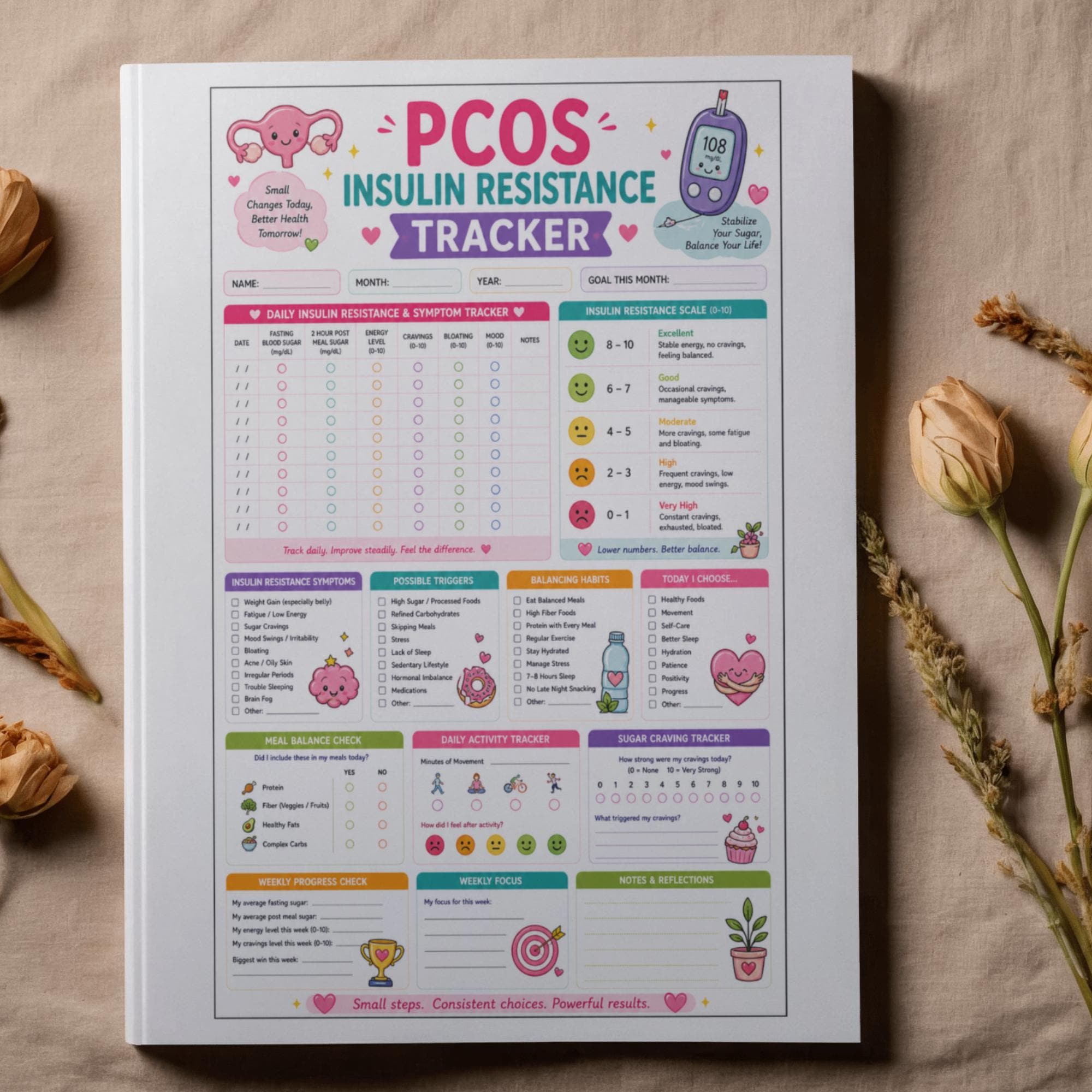PCOS Insulin Resistance Tracker Printable | Blood Sugar & Symptom Log ...
