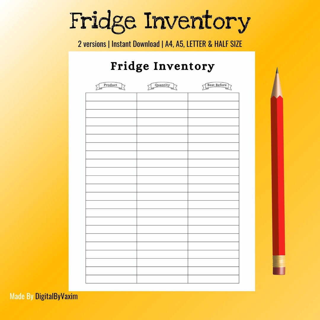 Inventory List Printable A4, A5, Letter, Half Letter; Kitchen & Pantry ...