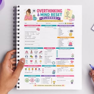 May include: A spiral-bound planner titled "Overthinking & Mind Reset Planner." The cover features an illustration of a person and the text "Calm Your Mind, Reset Your Thoughts, Reclaim Your Peace." The planner includes sections for daily tracking and reflection.