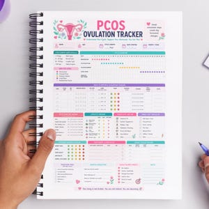 Könnte beinhalten: Ein spiralgebundenes PCOS-Ovulationstracker-Notizbuch mit rosa und türkisfarbenem Design. Das Cover zeigt den Text "PCOS Ovulation Tracker" und eine Grafik der Gebärmutter. Das Notizbuch enthält Abschnitte zur Verfolgung von Zyklen, Symptomen und Lebensstilfaktoren.