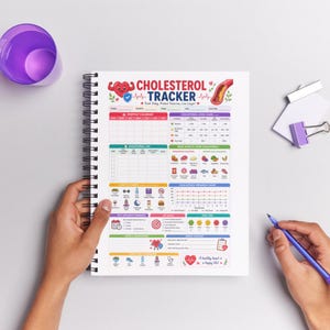 May include: A spiral-bound cholesterol tracker notebook with colorful charts and graphs. The cover features the text "Cholesterol Tracker" with a heart and a blood vessel illustration. Includes sections for monthly tracking and a cholesterol level guide.